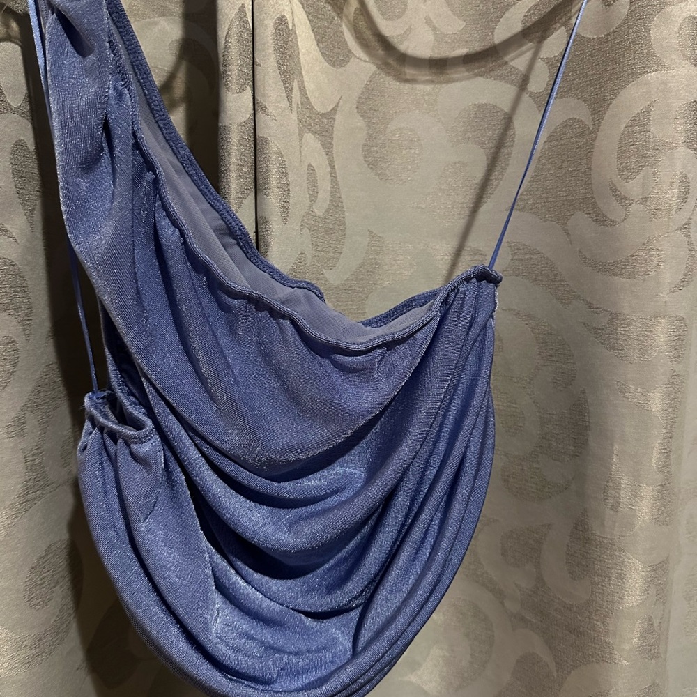Lioness Crop Top One Shoulder Ruched  Shimmering Blue Top